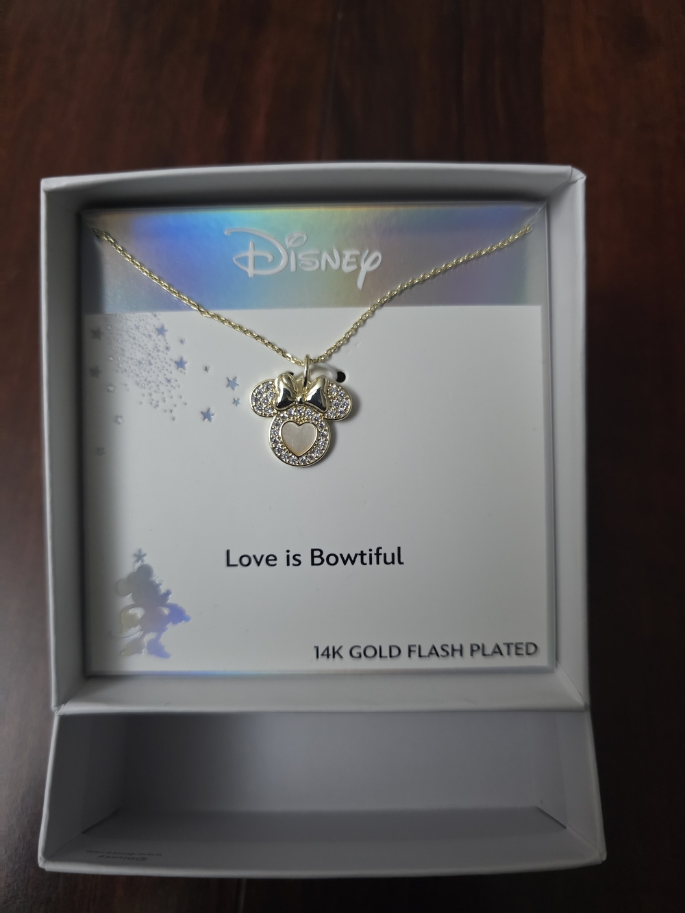Disney Gold Minnie Bow Heart Pendant Necklace with Crystal Accents